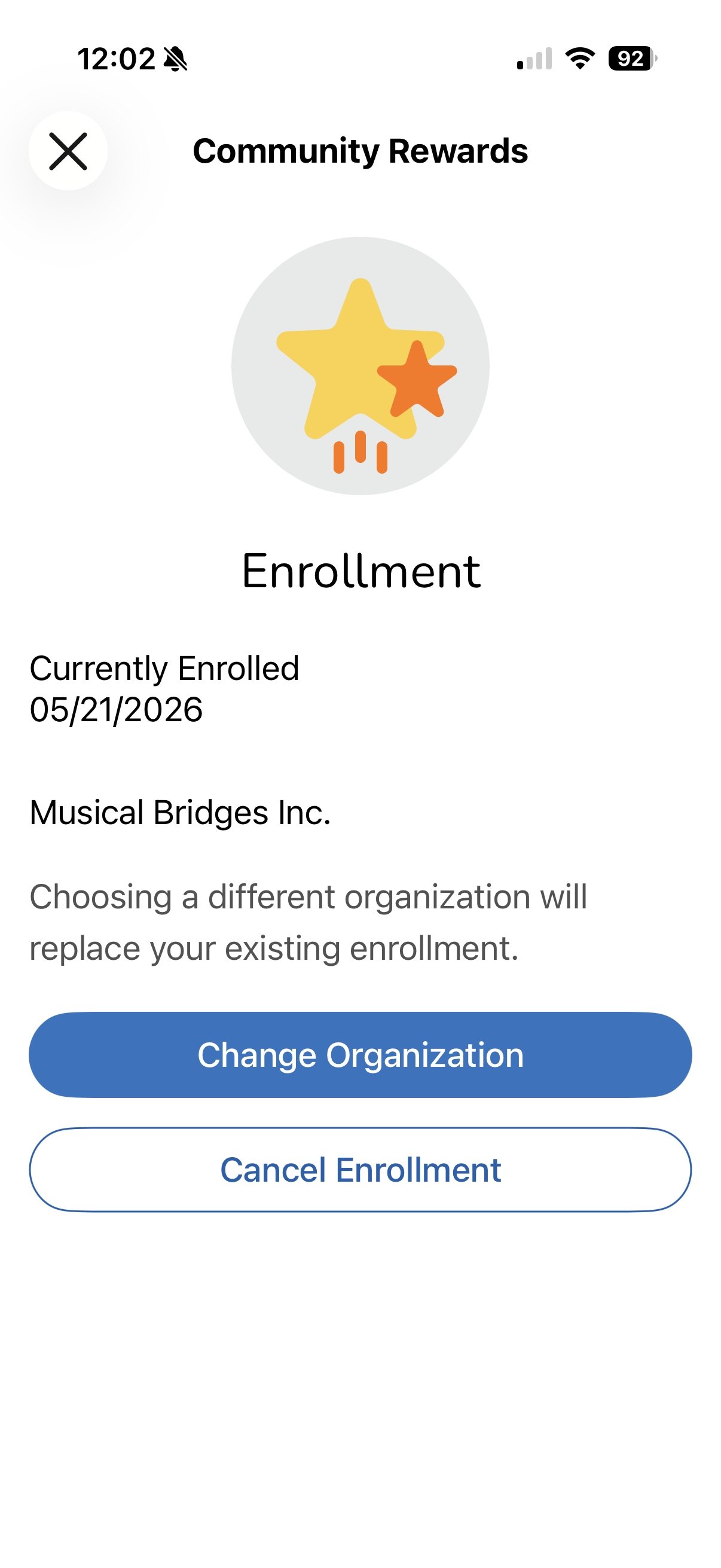 You did it! If you're already registered with another nonprofit and wish to change, you'd click "Change Organization." 