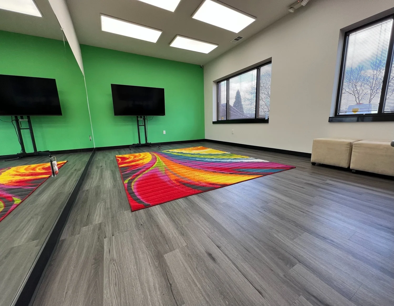 Green Group Room with two picture windows, parent chairs, tv for teletherapy, and plenty of room for fun 